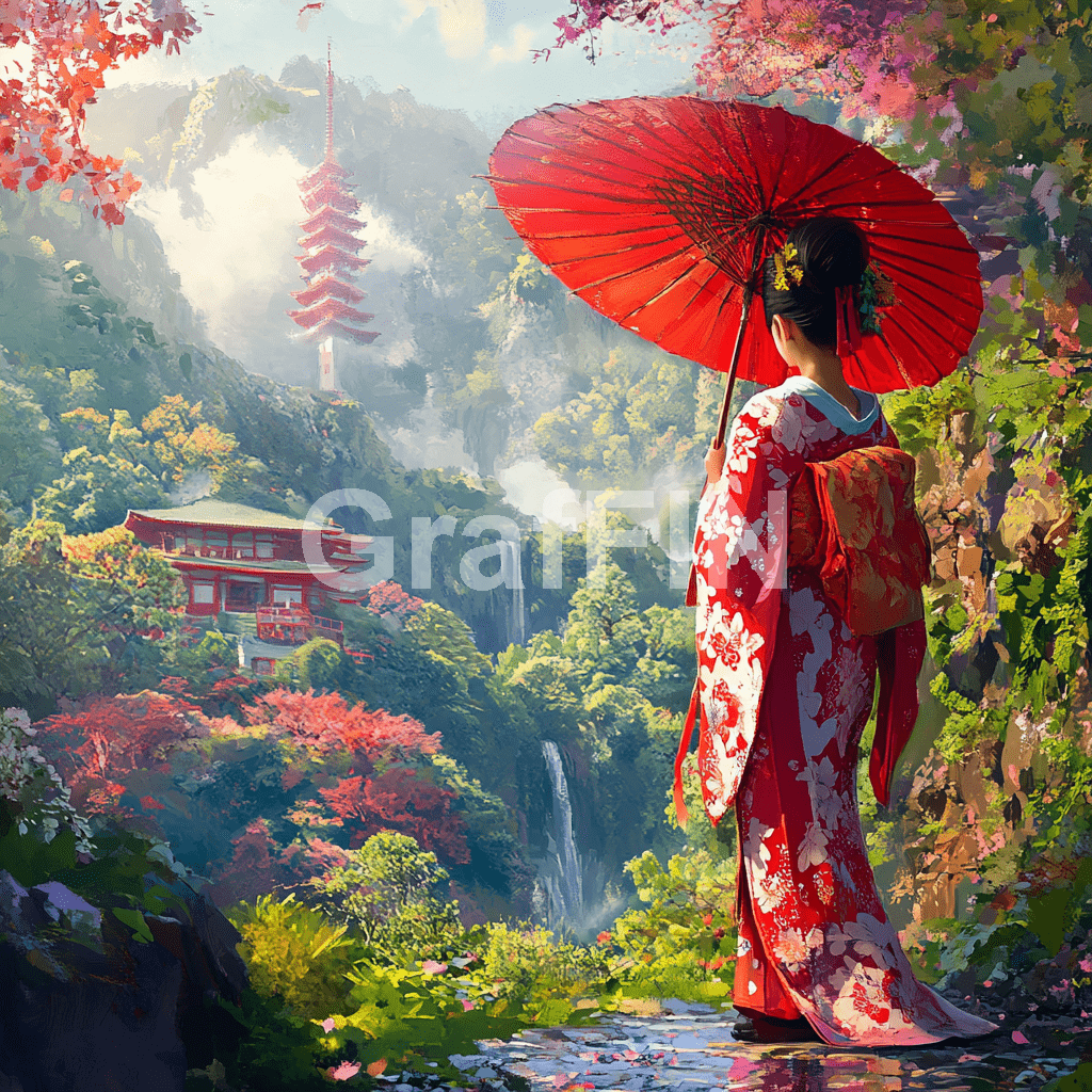 The soft pink petals gently fall around her, complementing her serene expression.