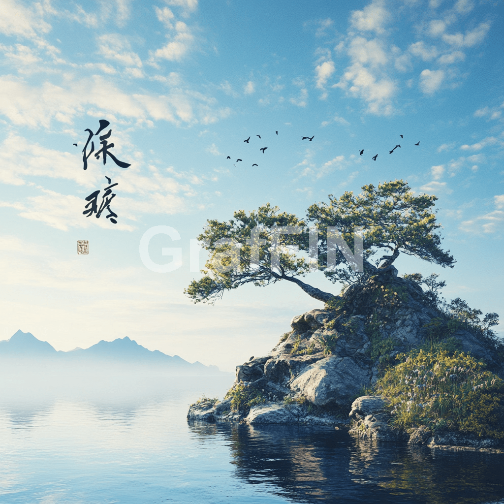 graphic images of Japan | : A minimalist composition focusing on the Zen aspect of Japanese calligraphy. A single, perfectly executed character is written on a large expanse of white paper, with only a few drops of ink creating a sense of balance and tranquility. The overall simplicity of the piece invites reflection and contemplation.